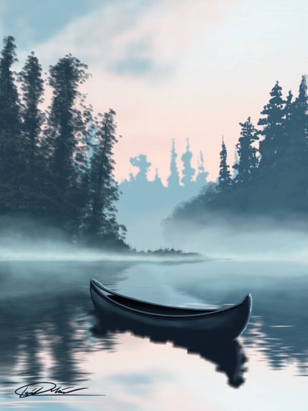 An Illustrated boat on a misty lake