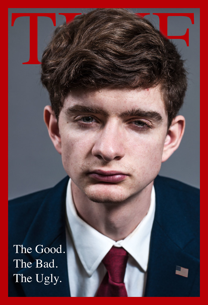 A headshot of a person in a hat on a spoof magazine cover.