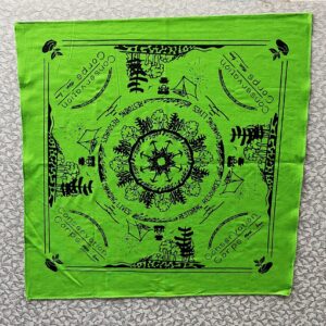 Green bandana pinned to a wall.