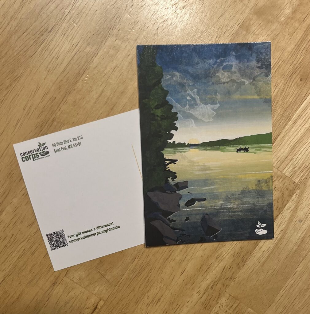 A illustration of a sunset on a postcard.