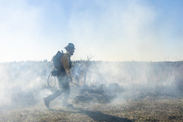A firefighter walking through smoke.