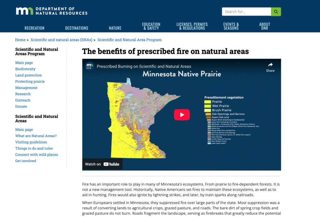Screenshot of DNR webpage about RX fire.