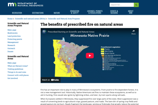 Screenshot of DNR webpage about RX fire.