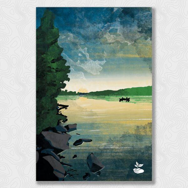 A digital painting of a sunset with a canoe in the distance.