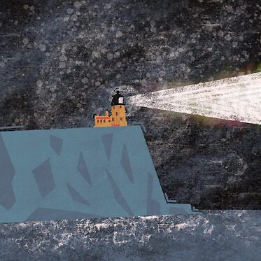 A digital drawing of a lighthouse on a cliff.