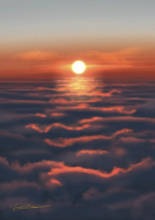 A drawn sunset over clouds